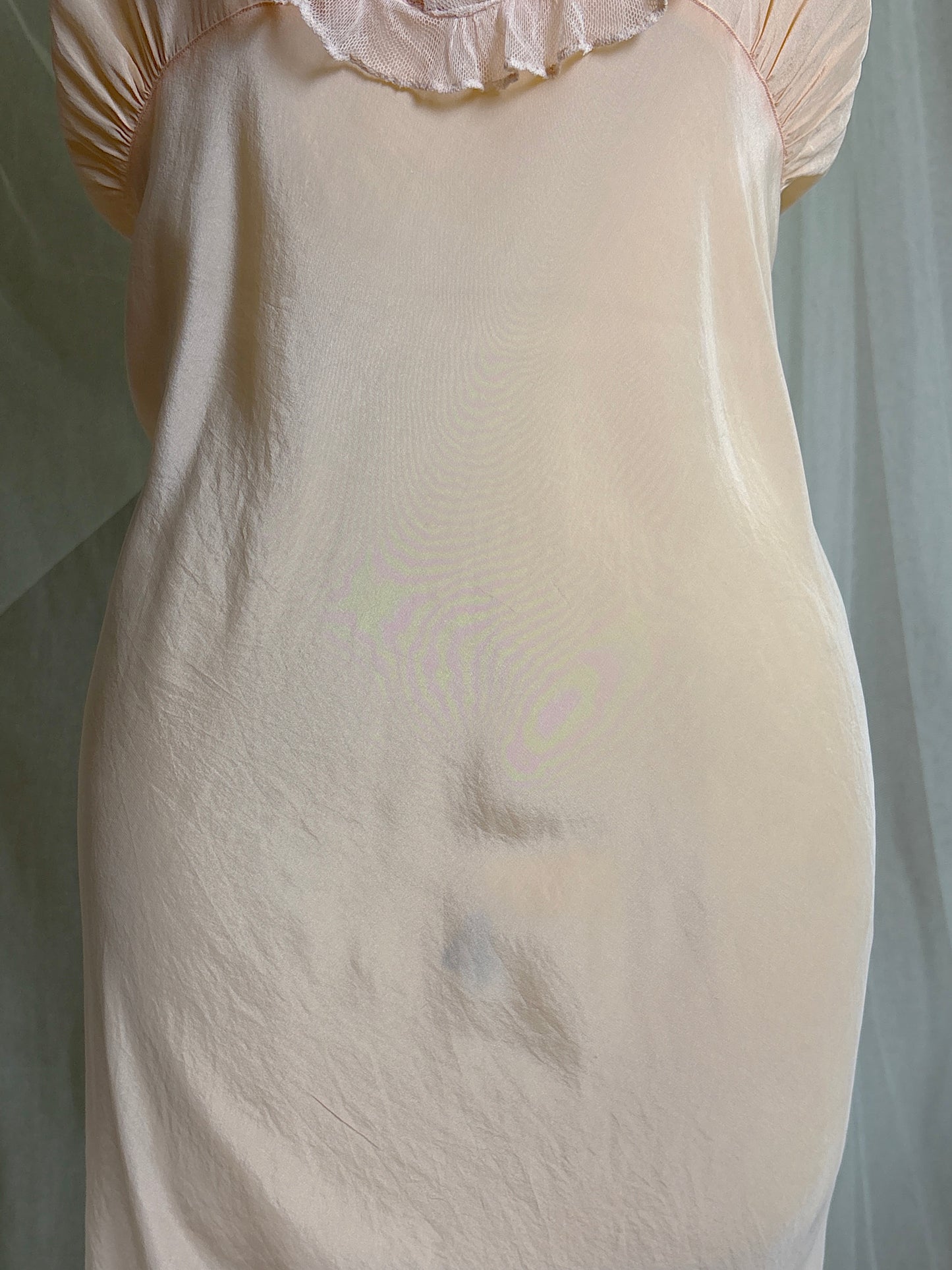 Vintage 1930's Nightgown - Palest Peach Silk Crepe with Ruffled Cotton Tulle | M, LG