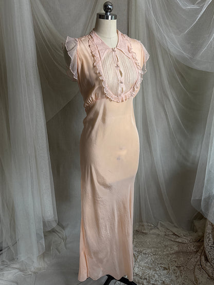 Vintage 1930's Nightgown - Palest Peach Silk Crepe with Ruffled Cotton Tulle | M, LG