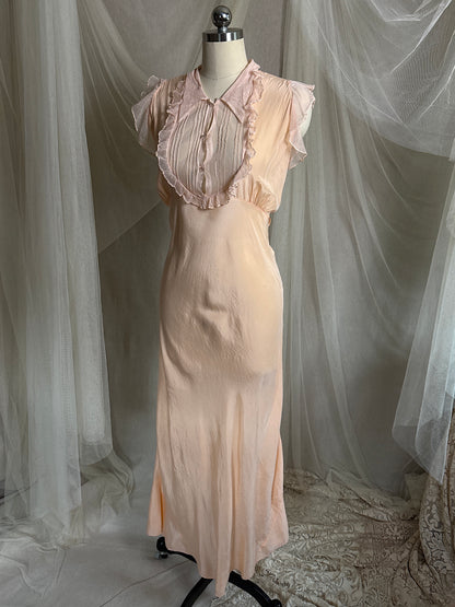 Vintage 1930's Nightgown - Palest Peach Silk Crepe with Ruffled Cotton Tulle | M, LG