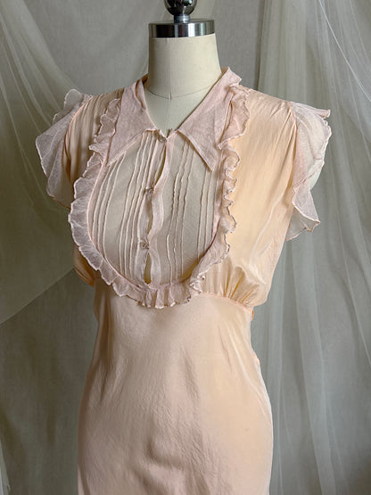 Vintage 1930's Nightgown - Palest Peach Silk Crepe with Ruffled Cotton Tulle | M, LG