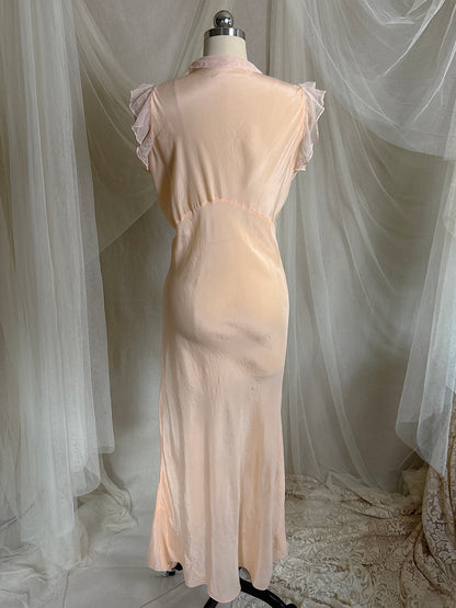 Vintage 1930's Nightgown - Palest Peach Silk Crepe with Ruffled Cotton Tulle | M, LG