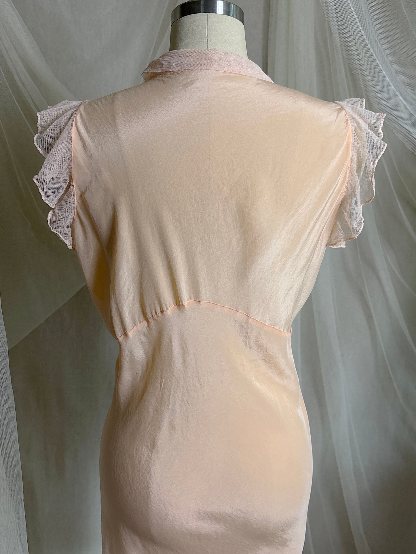 Vintage 1930's Nightgown - Palest Peach Silk Crepe with Ruffled Cotton Tulle | M, LG