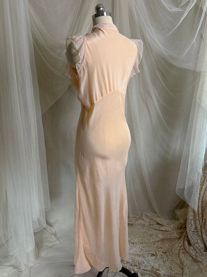 Vintage 1930's Nightgown - Palest Peach Silk Crepe with Ruffled Cotton Tulle | M, LG
