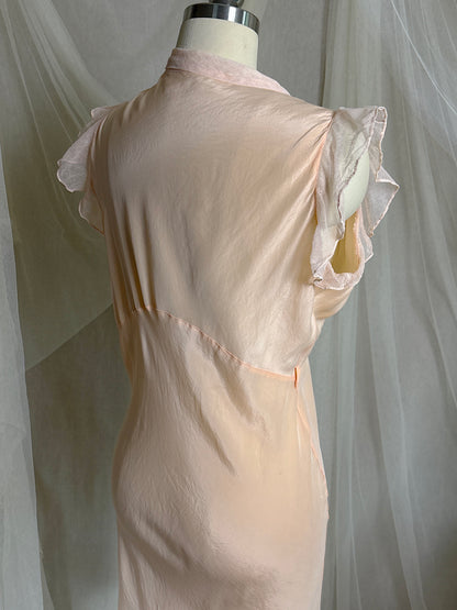Vintage 1930's Nightgown - Palest Peach Silk Crepe with Ruffled Cotton Tulle | M, LG