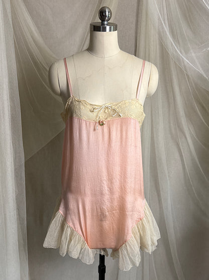Antique 1920's Step-in Chemise - Tea Rose Pink Silk with Ivory Ruffled Cotton Tulle | XXS, XS