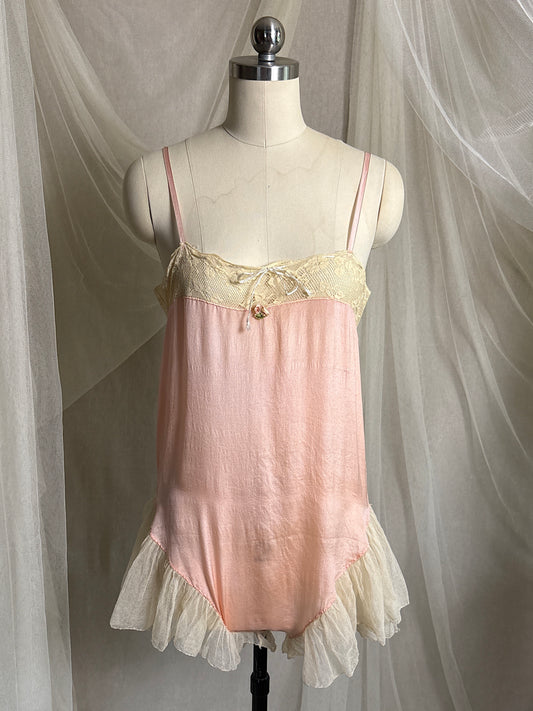 Antique 1920's Step-in Chemise - Tea Rose Pink Silk with Ivory Ruffled Cotton Tulle | XXS, XS