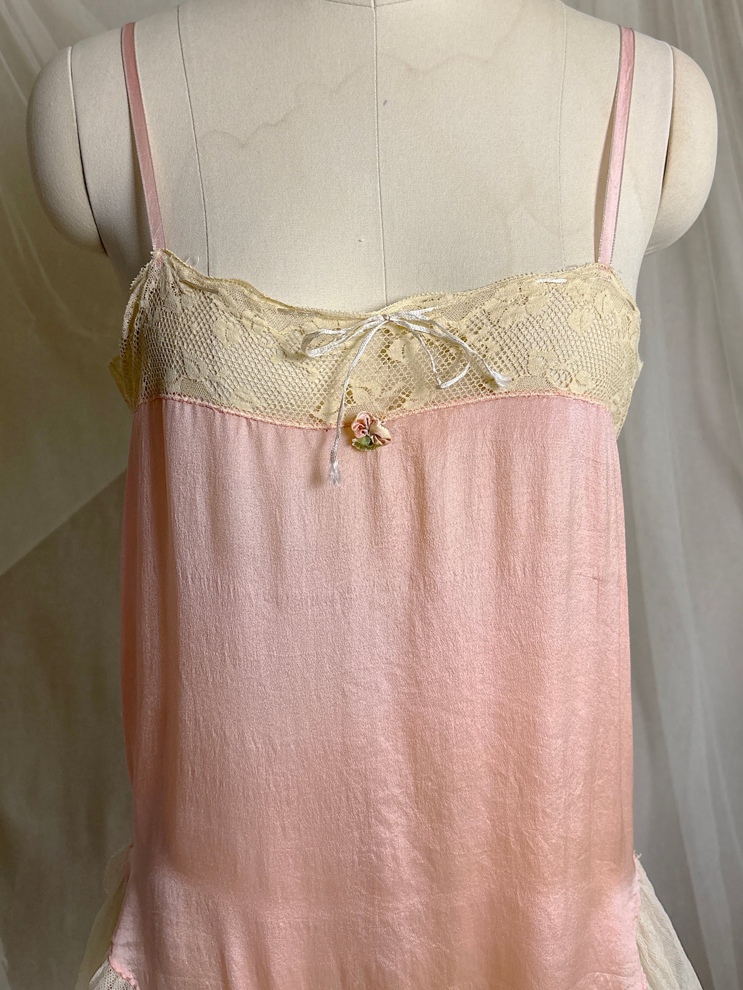 Antique 1920's Step-in Chemise - Tea Rose Pink Silk with Ivory Ruffled Cotton Tulle | XXS, XS