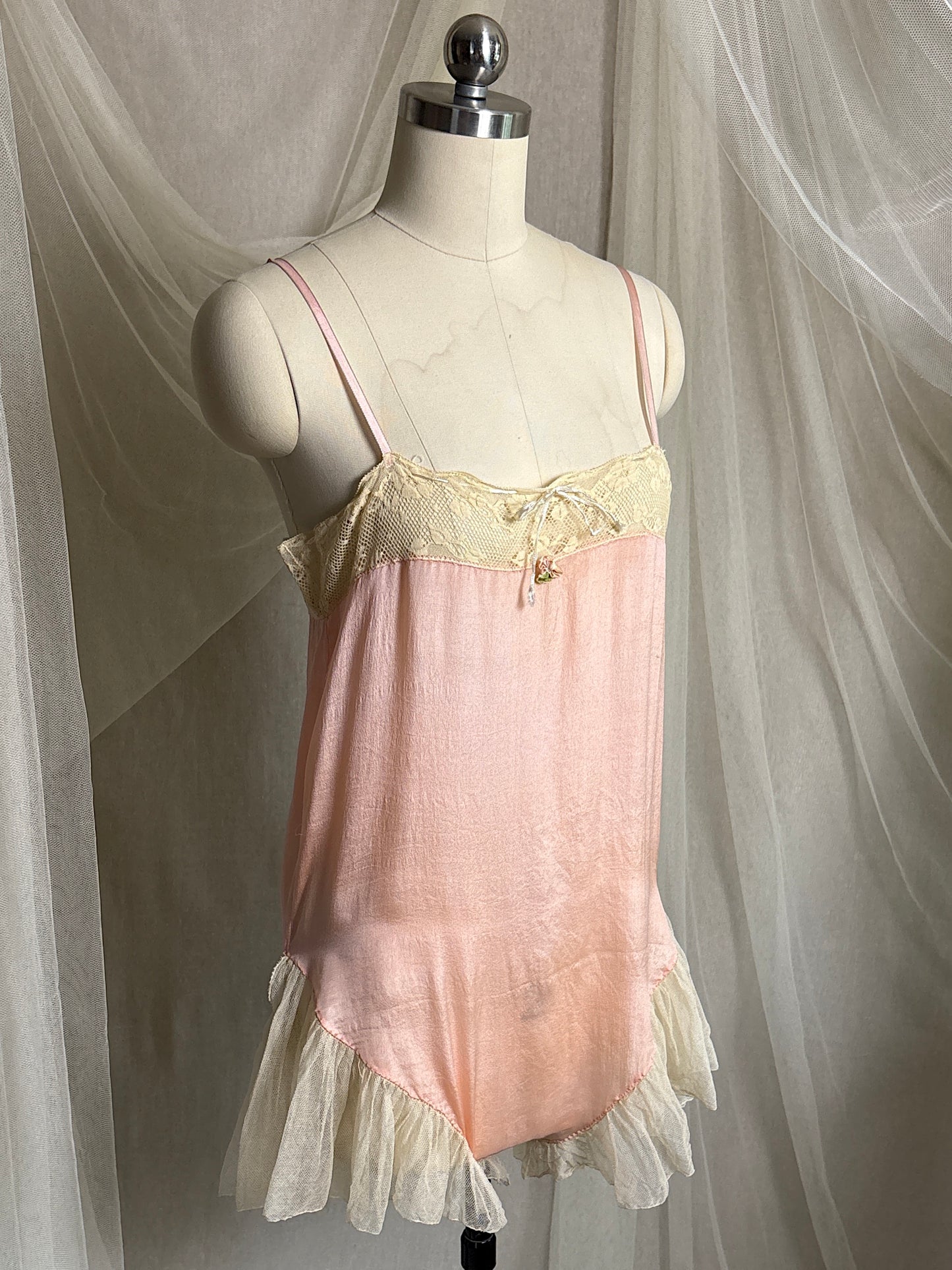 Antique 1920's Step-in Chemise - Tea Rose Pink Silk with Ivory Ruffled Cotton Tulle | XXS, XS