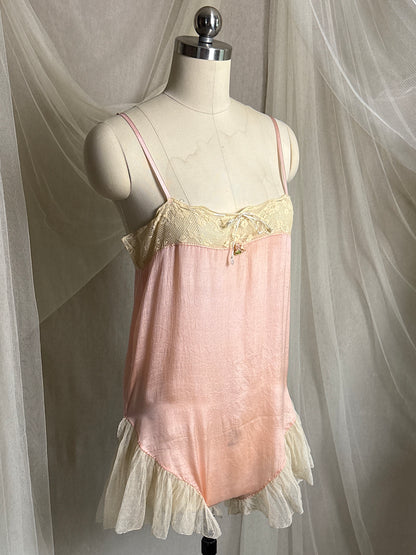 Antique 1920's Step-in Chemise - Tea Rose Pink Silk with Ivory Ruffled Cotton Tulle | XXS, XS