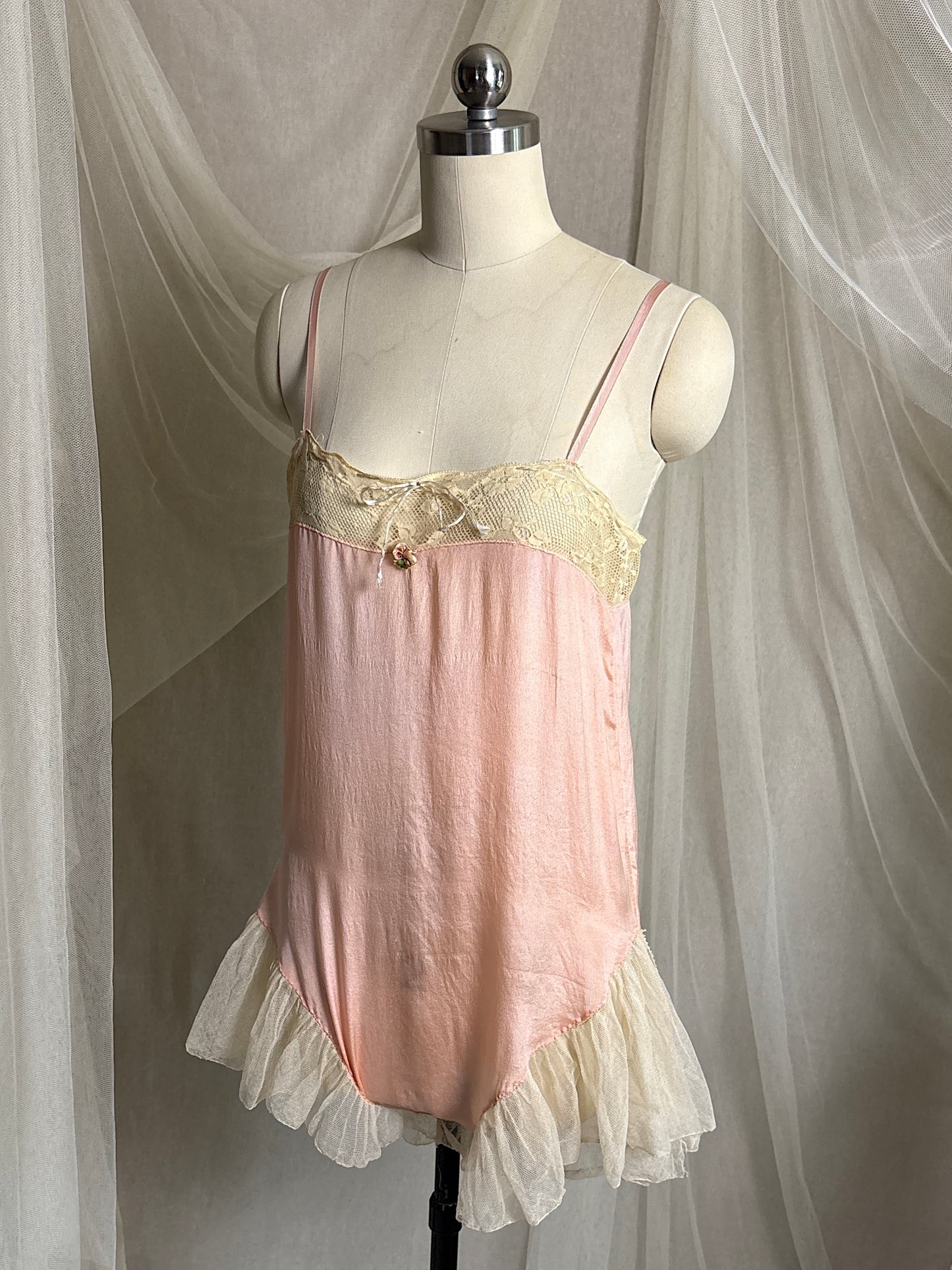 Antique 1920's Step-in Chemise - Tea Rose Pink Silk with Ivory Ruffled Cotton Tulle | XXS, XS