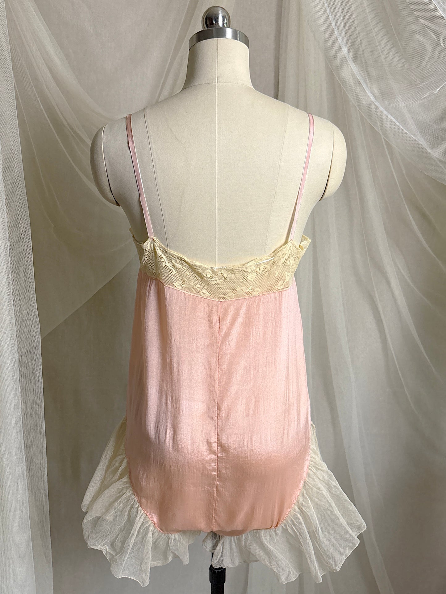 Antique 1920's Step-in Chemise - Tea Rose Pink Silk with Ivory Ruffled Cotton Tulle | XXS, XS