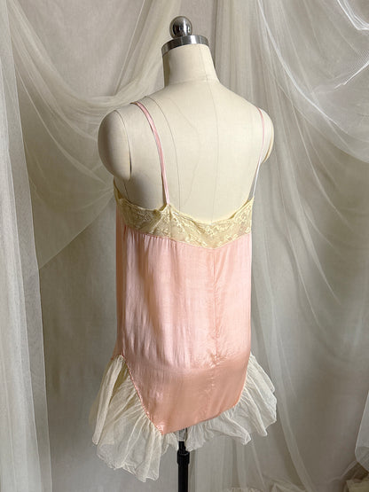 Antique 1920's Step-in Chemise - Tea Rose Pink Silk with Ivory Ruffled Cotton Tulle | XXS, XS