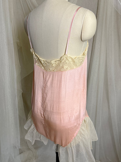 Antique 1920's Step-in Chemise - Tea Rose Pink Silk with Ivory Ruffled Cotton Tulle | XXS, XS