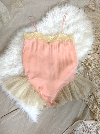 Antique 1920's Step-in Chemise - Tea Rose Pink Silk with Ivory Ruffled Cotton Tulle | XXS, XS