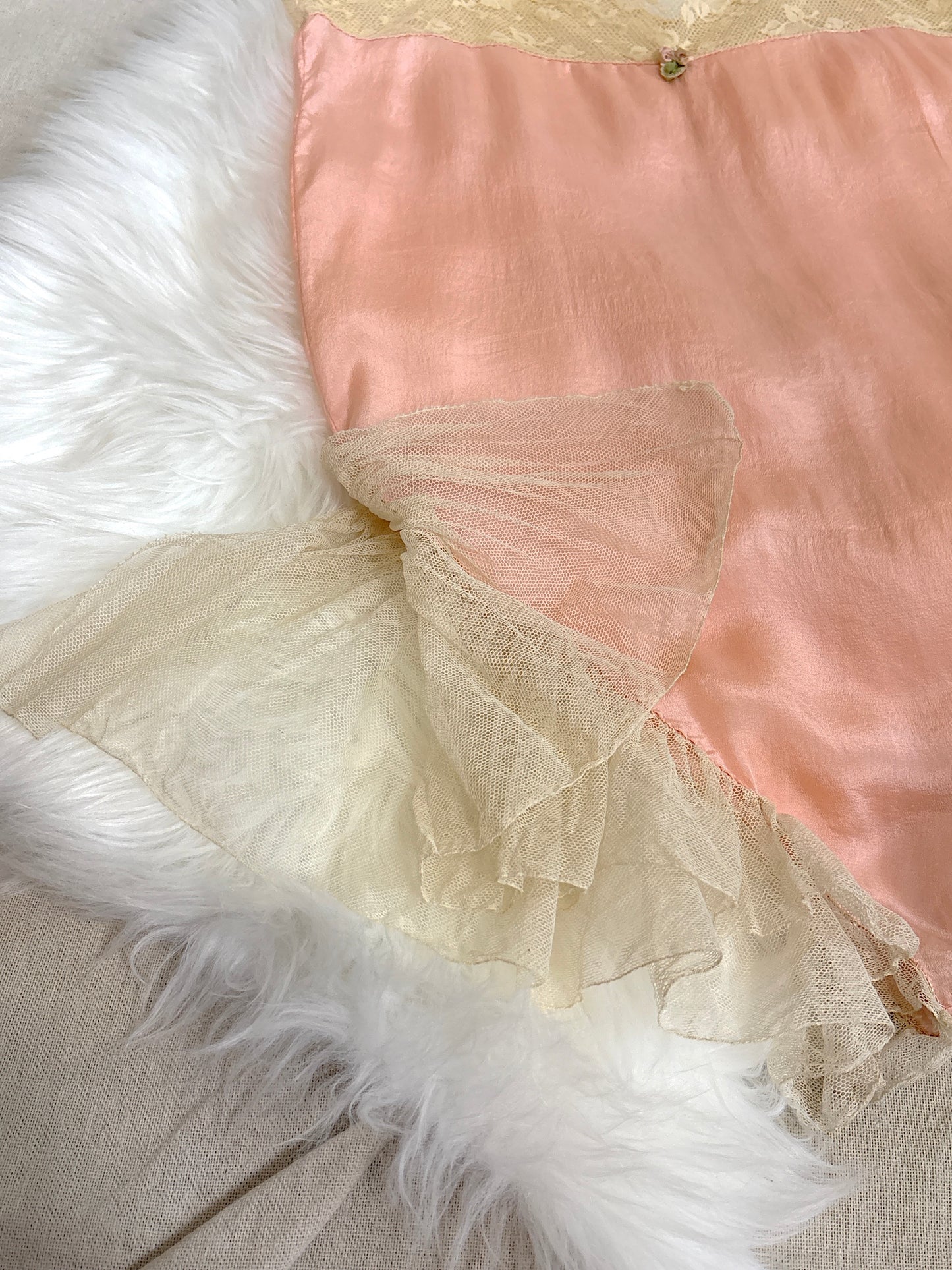Antique 1920's Step-in Chemise - Tea Rose Pink Silk with Ivory Ruffled Cotton Tulle | XXS, XS