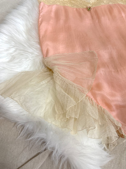 Antique 1920's Step-in Chemise - Tea Rose Pink Silk with Ivory Ruffled Cotton Tulle | XXS, XS