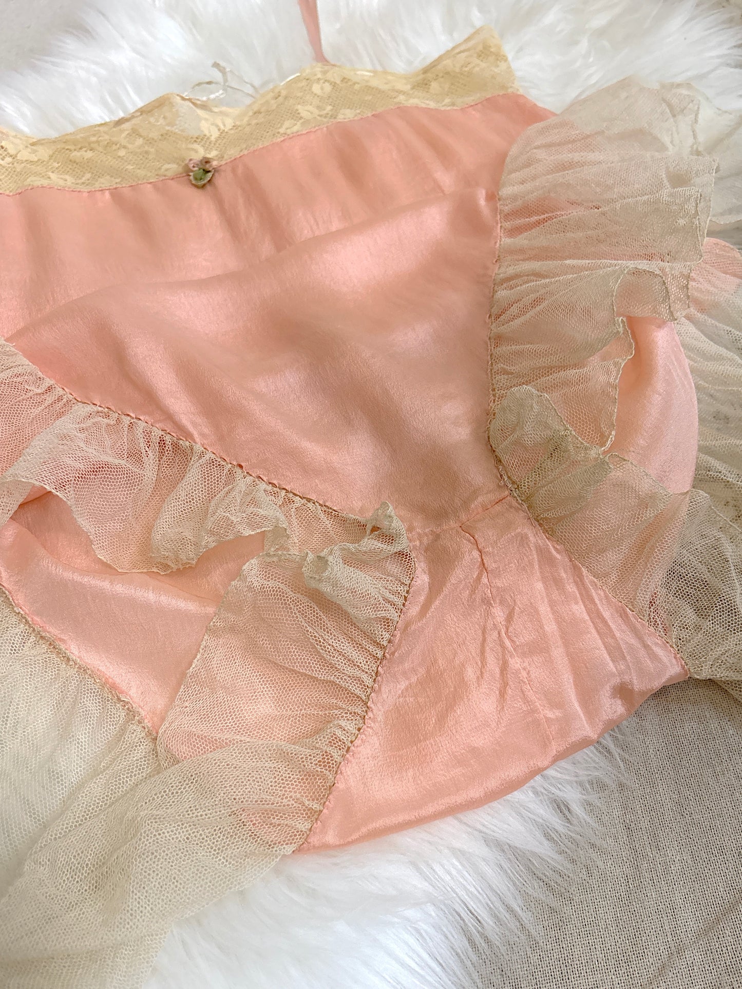 Antique 1920's Step-in Chemise - Tea Rose Pink Silk with Ivory Ruffled Cotton Tulle | XXS, XS