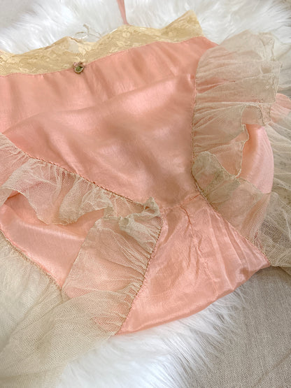 Antique 1920's Step-in Chemise - Tea Rose Pink Silk with Ivory Ruffled Cotton Tulle | XXS, XS