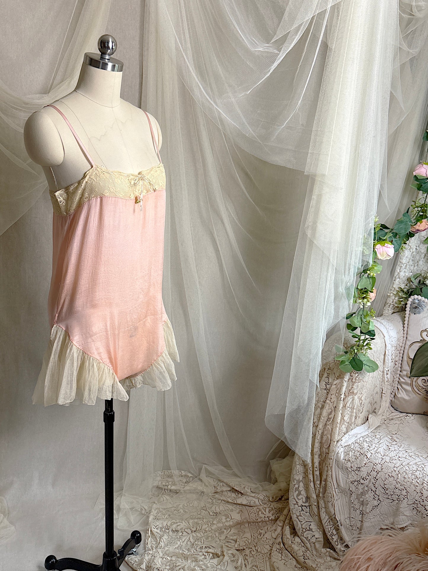 Antique 1920's Step-in Chemise - Tea Rose Pink Silk with Ivory Ruffled Cotton Tulle | XXS, XS