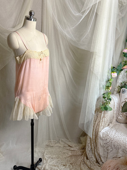Antique 1920's Step-in Chemise - Tea Rose Pink Silk with Ivory Ruffled Cotton Tulle | XXS, XS