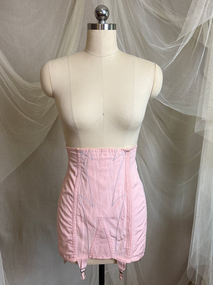 Vintage 1940's - 1950's Girdle - Tea Rose Pink Rayon with Sky Blue Embroidery by Nemo | 27, XS