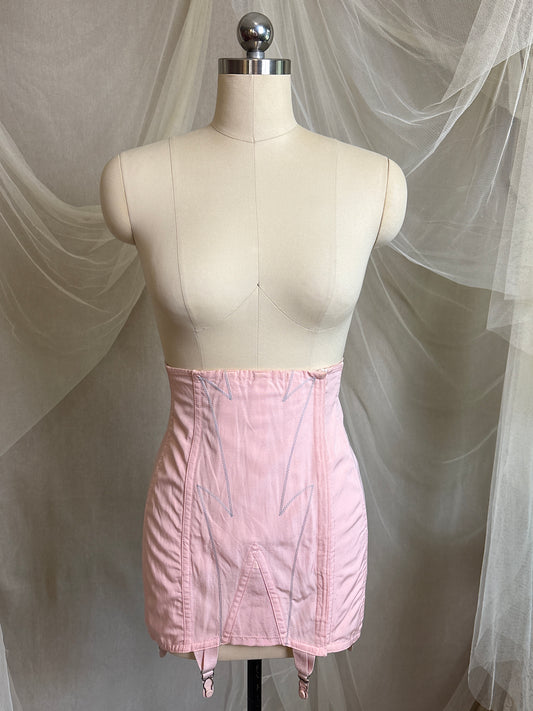 Vintage 1940's - 1950's Girdle - Tea Rose Pink Rayon with Sky Blue Embroidery by Nemo | 27, XS