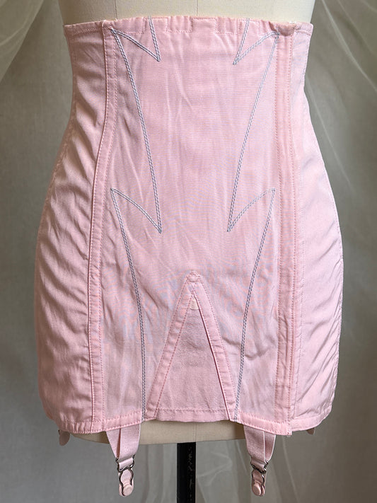 Vintage 1940's - 1950's Girdle - Tea Rose Pink Rayon with Sky Blue Embroidery by Nemo | 27, XS