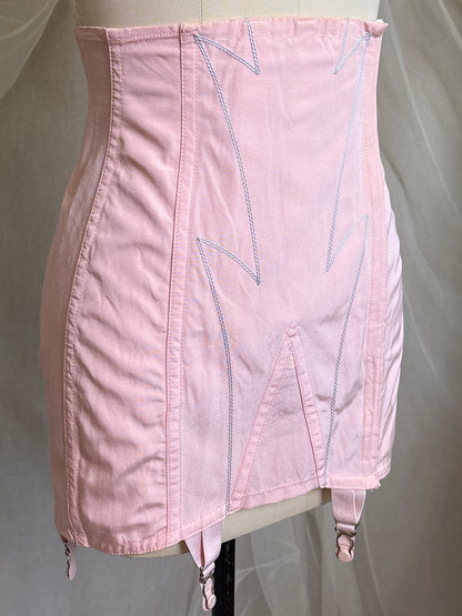 Vintage 1940's - 1950's Girdle - Tea Rose Pink Rayon with Sky Blue Embroidery by Nemo | 27, XS