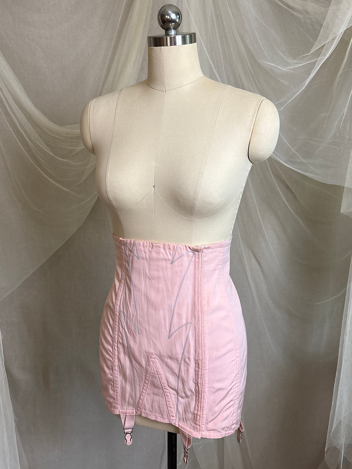 Vintage 1940's - 1950's Girdle - Tea Rose Pink Rayon with Sky Blue Embroidery by Nemo | 27, XS