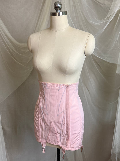 Vintage 1940's - 1950's Girdle - Tea Rose Pink Rayon with Sky Blue Embroidery by Nemo | 27, XS