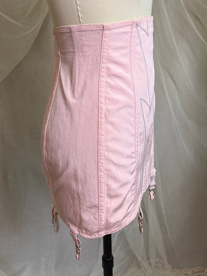 Vintage 1940's - 1950's Girdle - Tea Rose Pink Rayon with Sky Blue Embroidery by Nemo | 27, XS