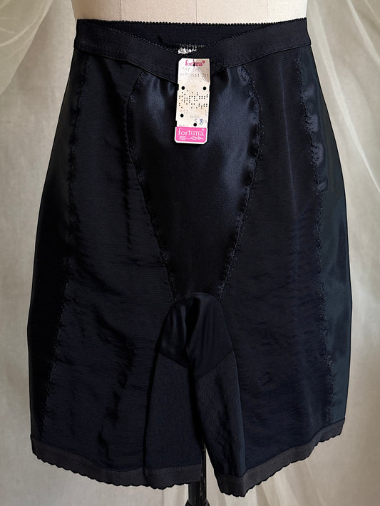 Vintage 1960's Long Leg Girdle - Black Rayon Satin & Mesh with Adjustable Garters - Fortuna - New with Tags | XS, S
