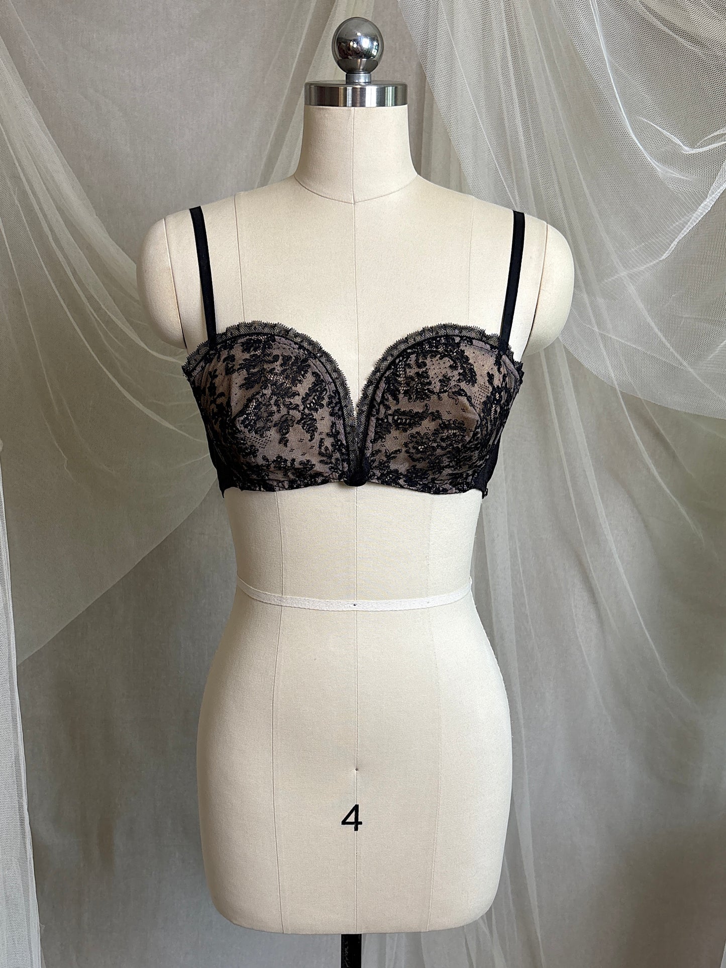 Vintage 1940's - 1950's Overwire Bra - Black Lace with Nude Illusion & Plush Velvet Lining by Cadolle, Paris | 34 B