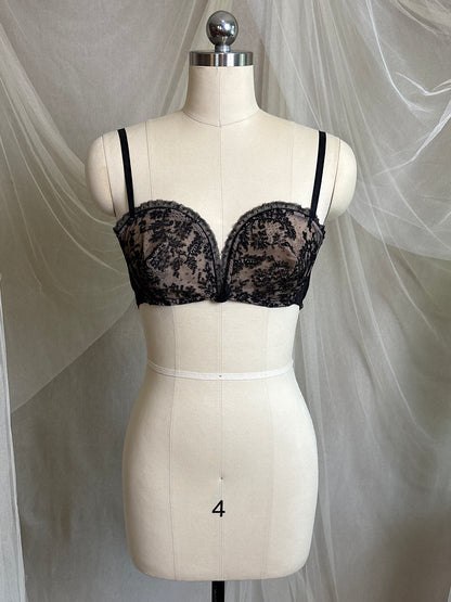 Vintage 1940's - 1950's Overwire Bra - Black Lace with Nude Illusion & Plush Velvet Lining by Cadolle, Paris | 34 B