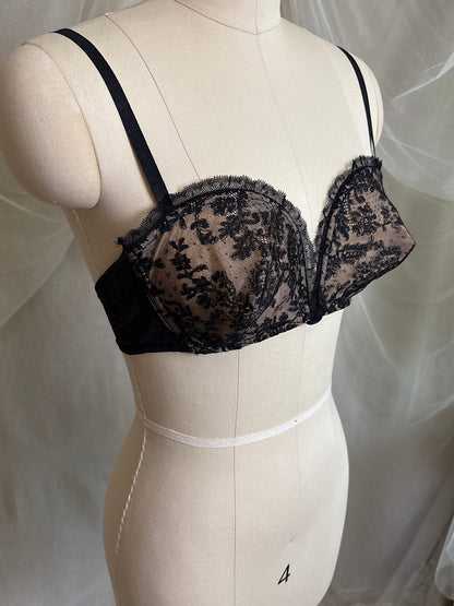 Vintage 1940's - 1950's Overwire Bra - Black Lace with Nude Illusion & Plush Velvet Lining by Cadolle, Paris | 34 B