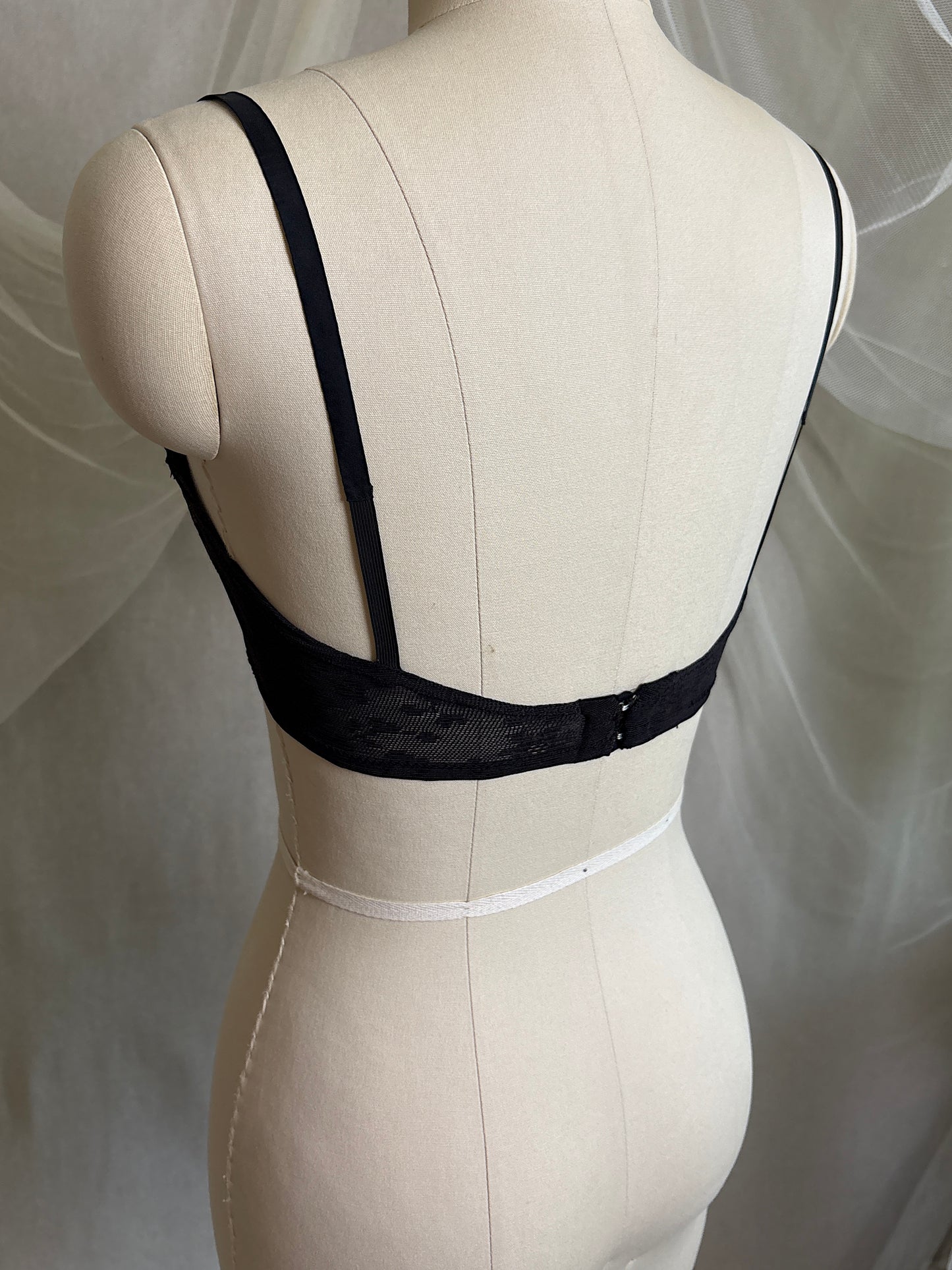 Vintage 1940's - 1950's Overwire Bra - Black Lace with Nude Illusion & Plush Velvet Lining by Cadolle, Paris | 34 B