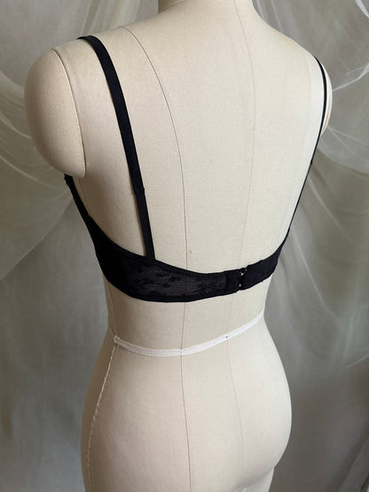 Vintage 1940's - 1950's Overwire Bra - Black Lace with Nude Illusion & Plush Velvet Lining by Cadolle, Paris | 34 B