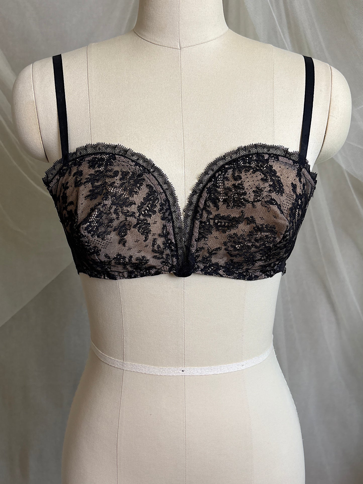 Vintage 1940's - 1950's Overwire Bra - Black Lace with Nude Illusion & Plush Velvet Lining by Cadolle, Paris | 34 B