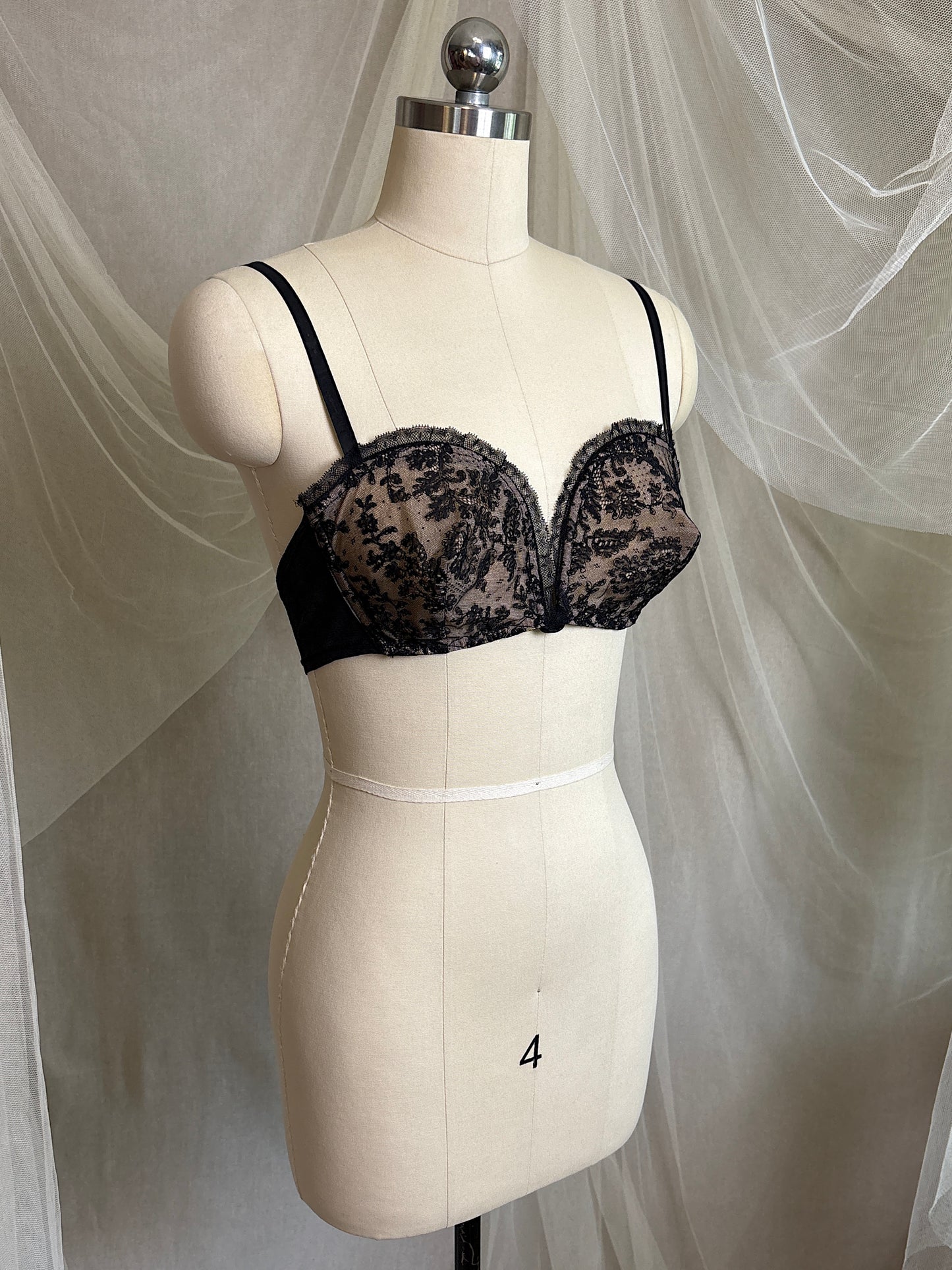 Vintage 1940's - 1950's Overwire Bra - Black Lace with Nude Illusion & Plush Velvet Lining by Cadolle, Paris | 34 B