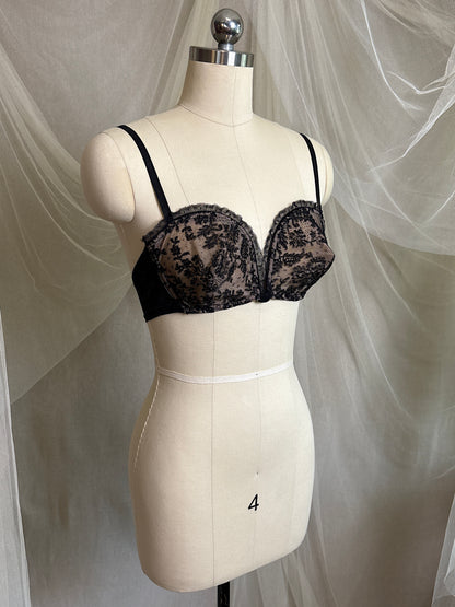 Vintage 1940's - 1950's Overwire Bra - Black Lace with Nude Illusion & Plush Velvet Lining by Cadolle, Paris | 34 B