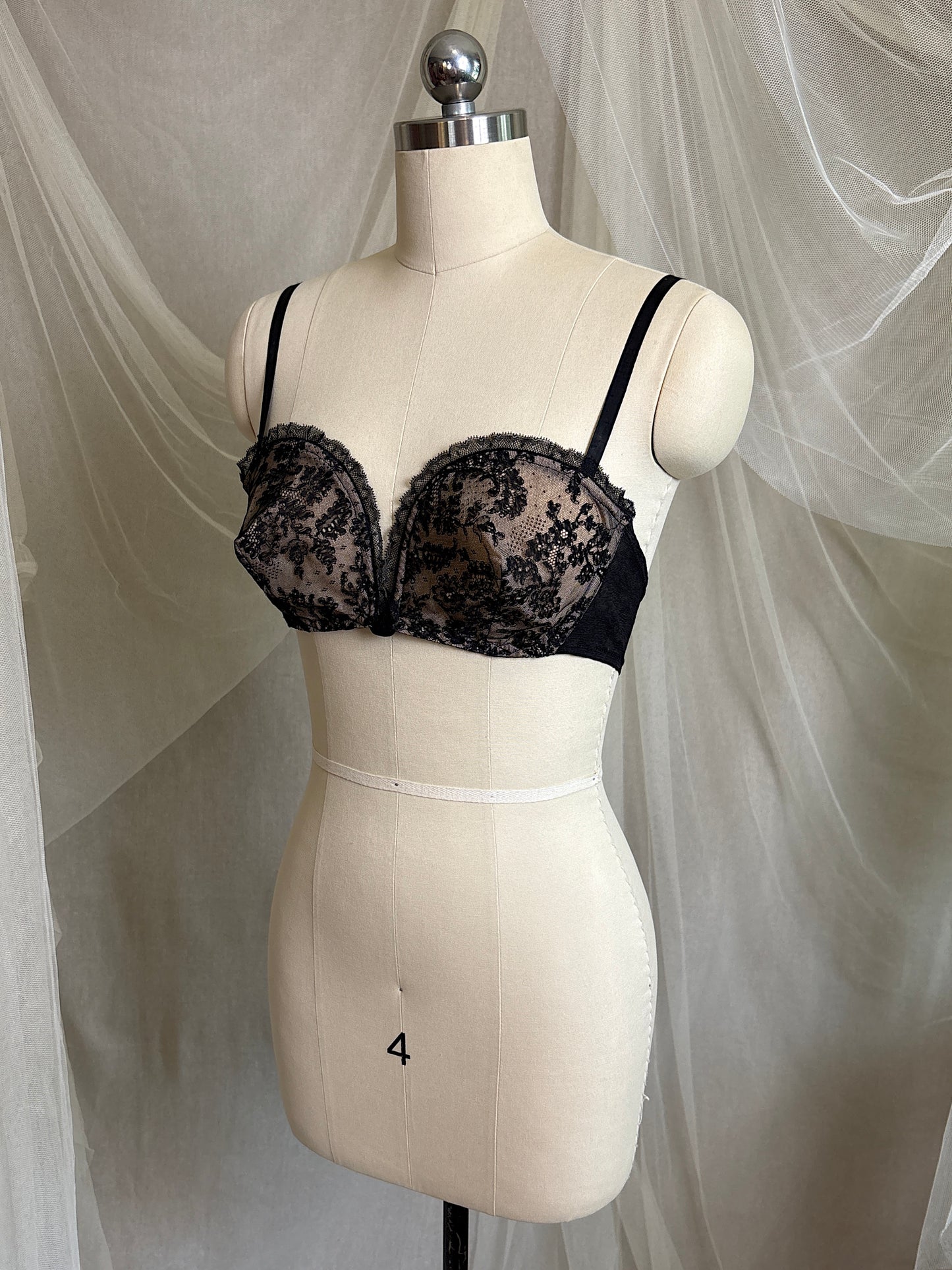 Vintage 1940's - 1950's Overwire Bra - Black Lace with Nude Illusion & Plush Velvet Lining by Cadolle, Paris | 34 B