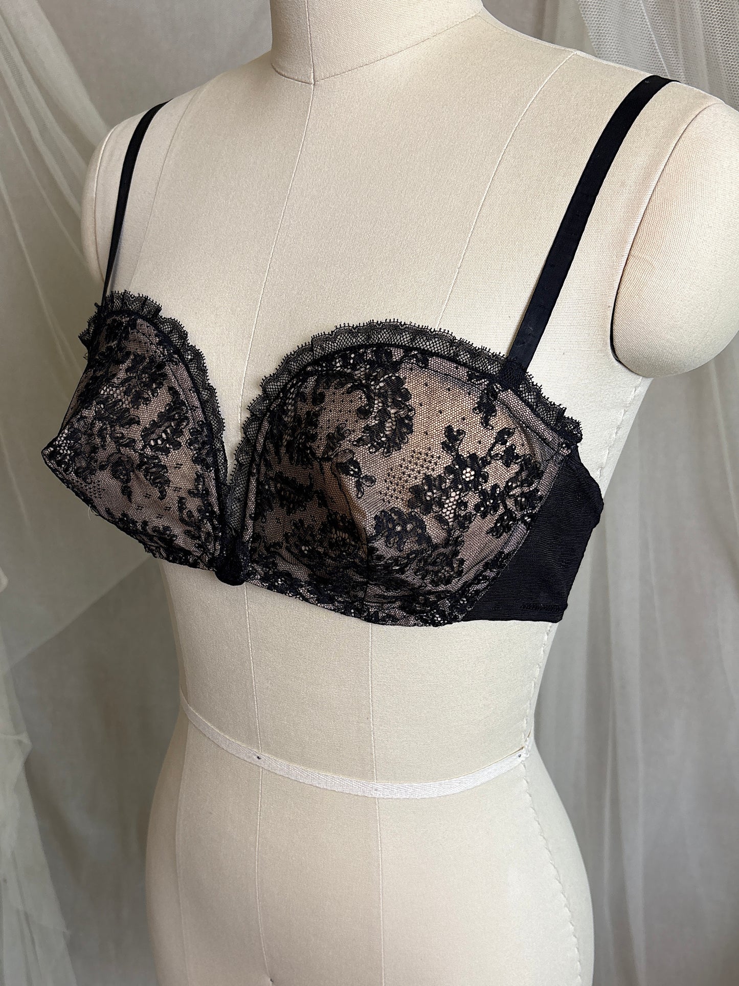 Vintage 1940's - 1950's Overwire Bra - Black Lace with Nude Illusion & Plush Velvet Lining by Cadolle, Paris | 34 B