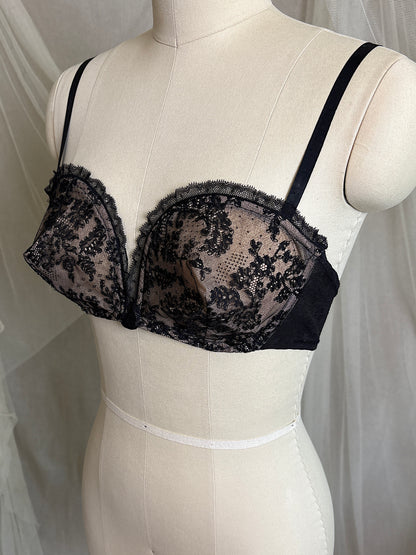 Vintage 1940's - 1950's Overwire Bra - Black Lace with Nude Illusion & Plush Velvet Lining by Cadolle, Paris | 34 B