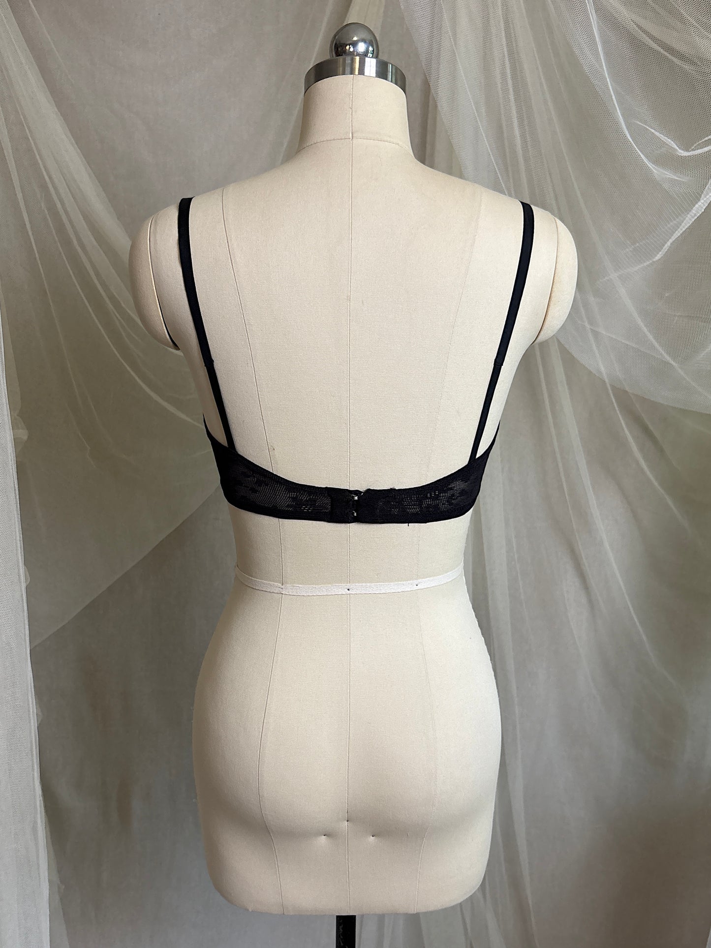 Vintage 1940's - 1950's Overwire Bra - Black Lace with Nude Illusion & Plush Velvet Lining by Cadolle, Paris | 34 B