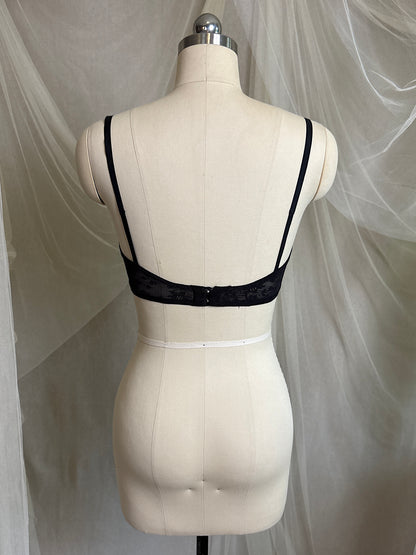 Vintage 1940's - 1950's Overwire Bra - Black Lace with Nude Illusion & Plush Velvet Lining by Cadolle, Paris | 34 B