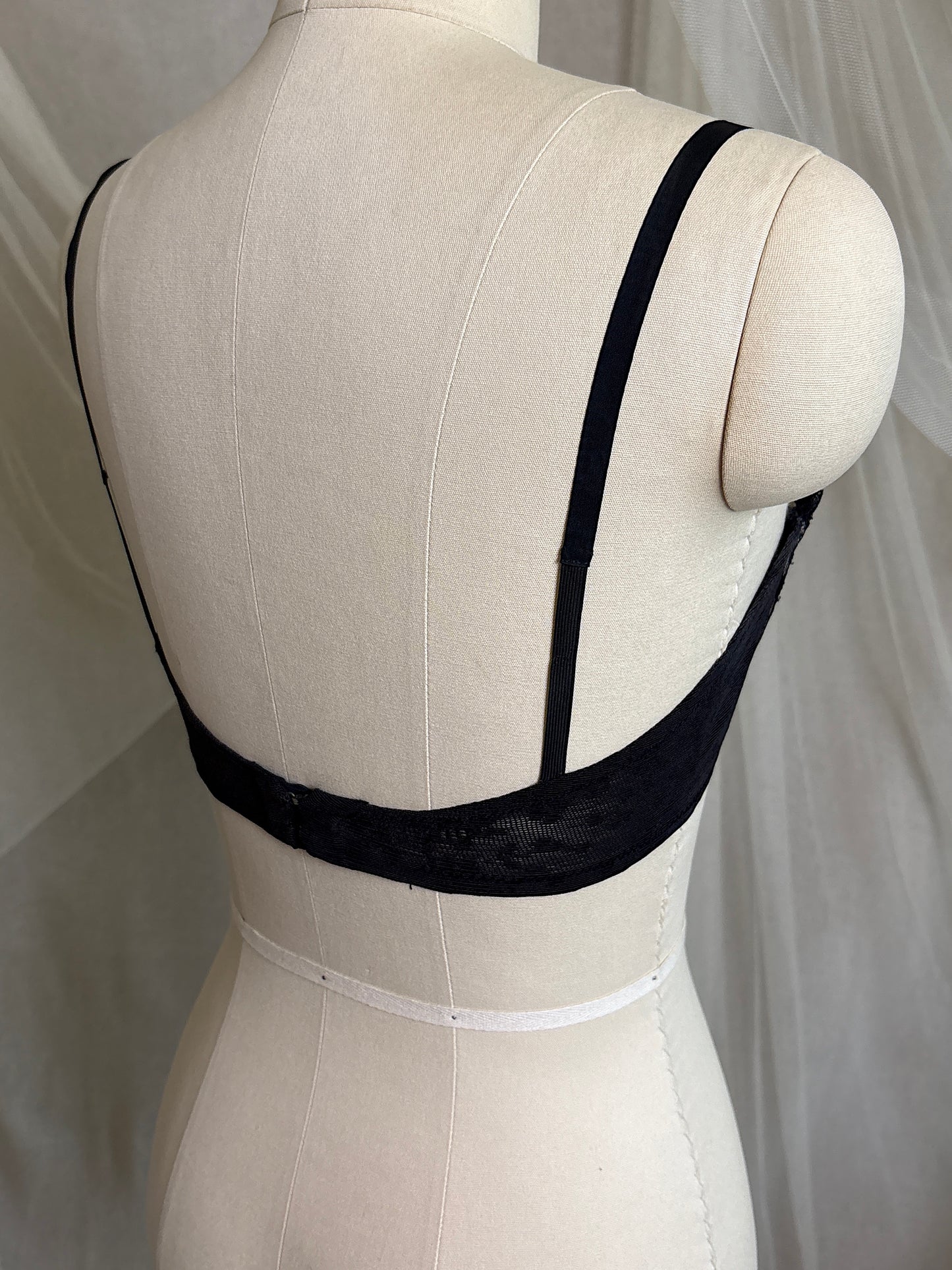 Vintage 1940's - 1950's Overwire Bra - Black Lace with Nude Illusion & Plush Velvet Lining by Cadolle, Paris | 34 B