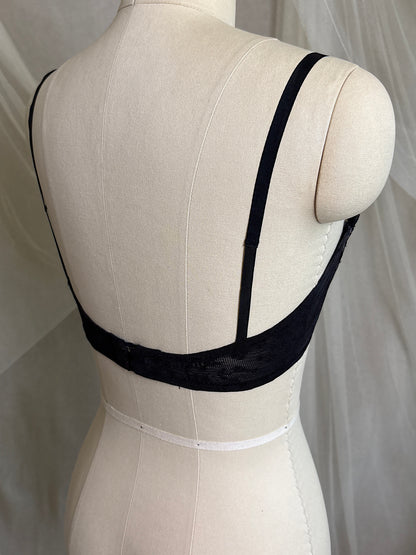 Vintage 1940's - 1950's Overwire Bra - Black Lace with Nude Illusion & Plush Velvet Lining by Cadolle, Paris | 34 B