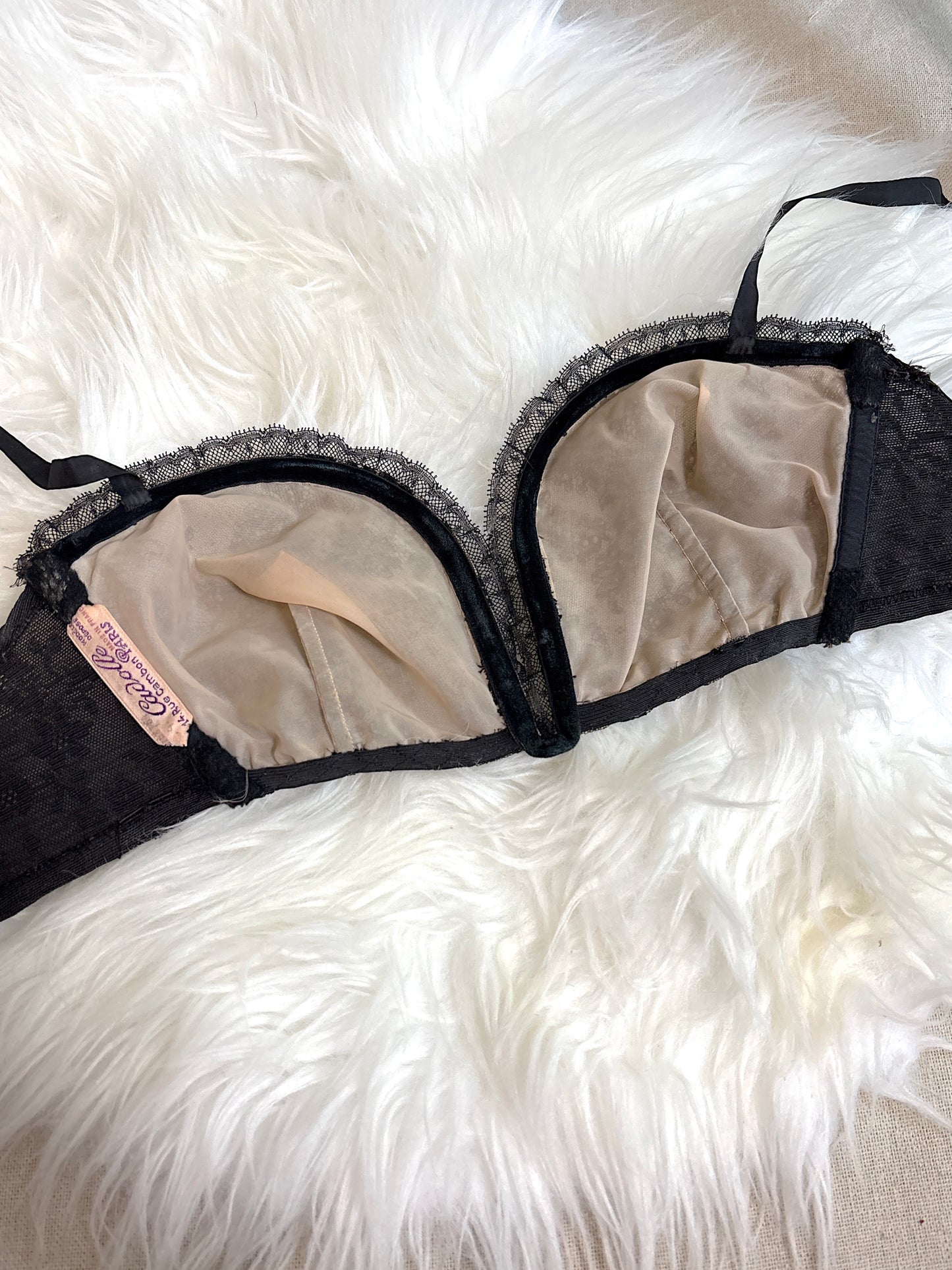 Vintage 1940's - 1950's Overwire Bra - Black Lace with Nude Illusion & Plush Velvet Lining by Cadolle, Paris | 34 B