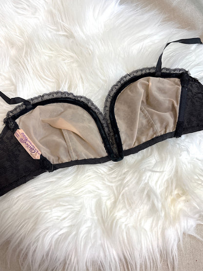 Vintage 1940's - 1950's Overwire Bra - Black Lace with Nude Illusion & Plush Velvet Lining by Cadolle, Paris | 34 B