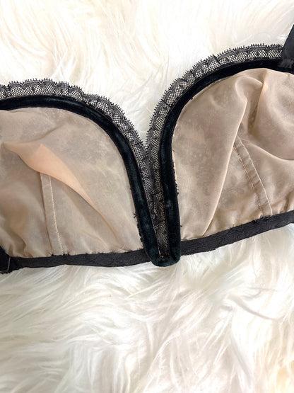 Vintage 1940's - 1950's Overwire Bra - Black Lace with Nude Illusion & Plush Velvet Lining by Cadolle, Paris | 34 B